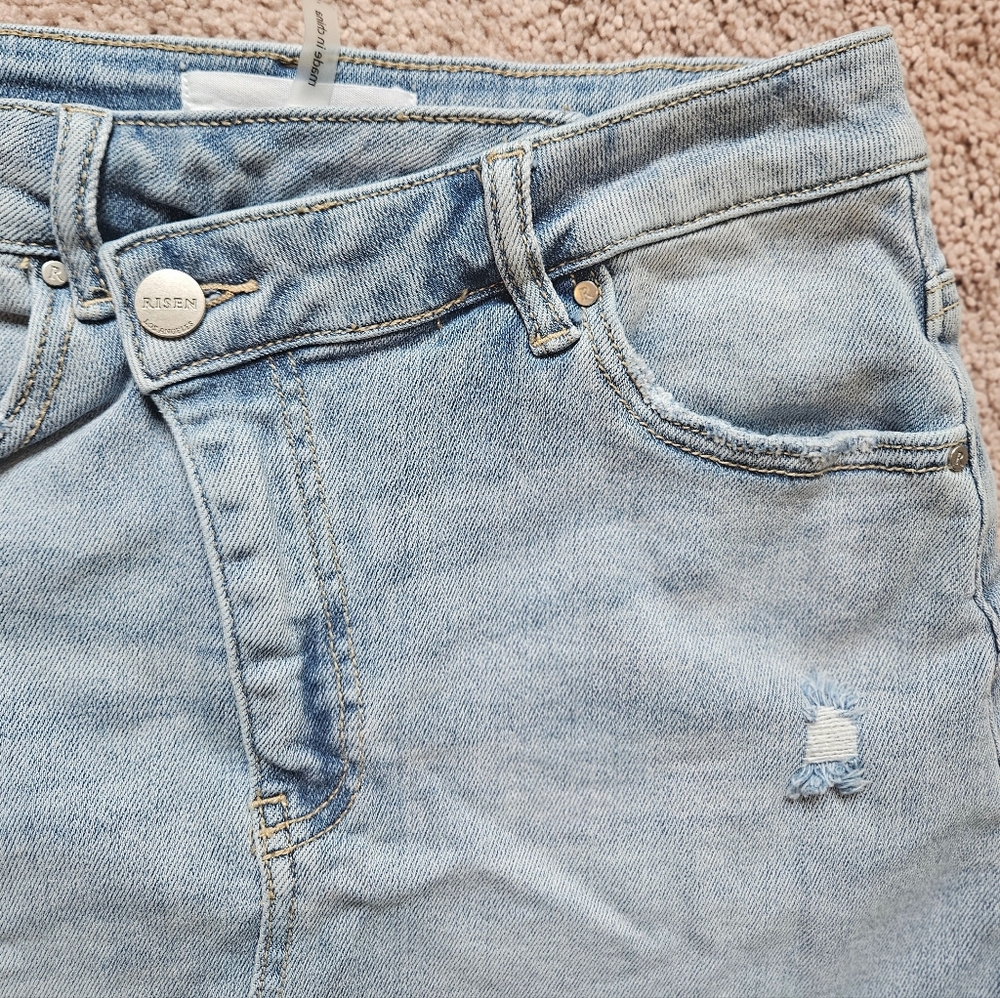 Risen Jeans Distressed Denim Mini Skirt Womens Small Modern 90s Shredded Ripped